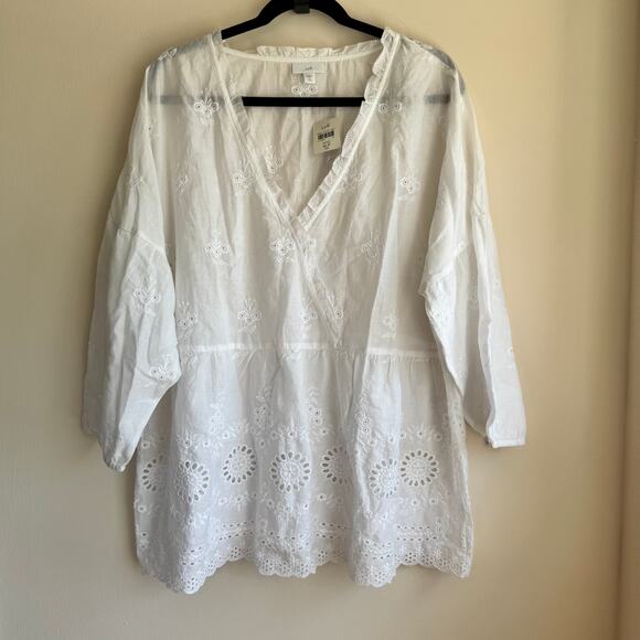New J. Jill Ruffled Eyelet Floral Top White Scallop Hem Long Sleeve Sz XLP - Picture 1 of 7